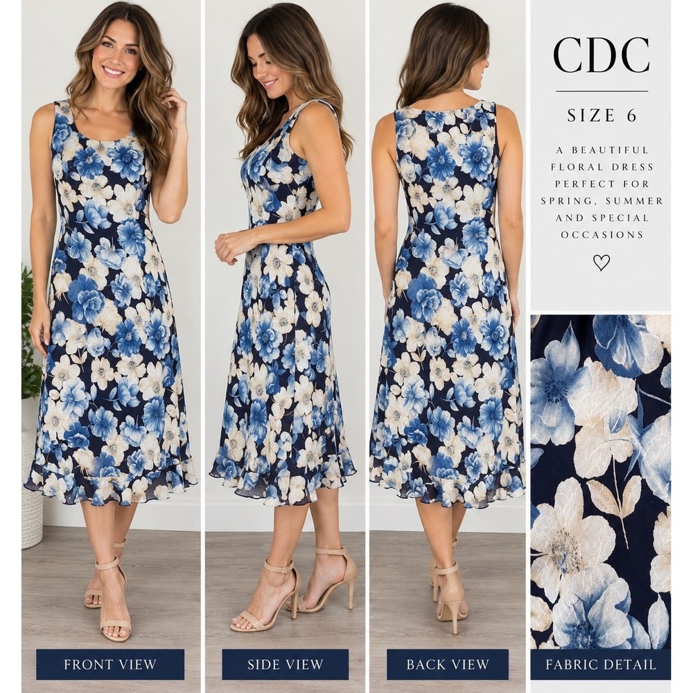 CDC Women Blue Floral Sleeveless Ruffle Hem Midi Dress Size 6 GAJ362